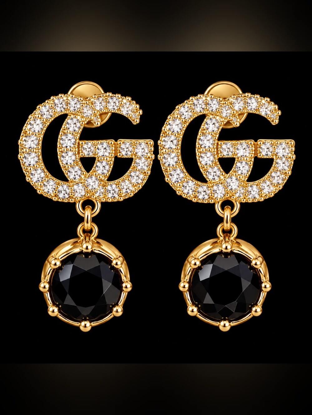 Gucci Gold-Tone Crystal GG Drop Earrings with Black Stone